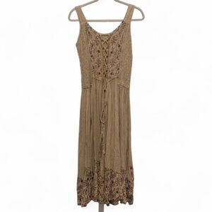 Y2K Coline Tan Boho Print Lace Up Tie Maxi Dress